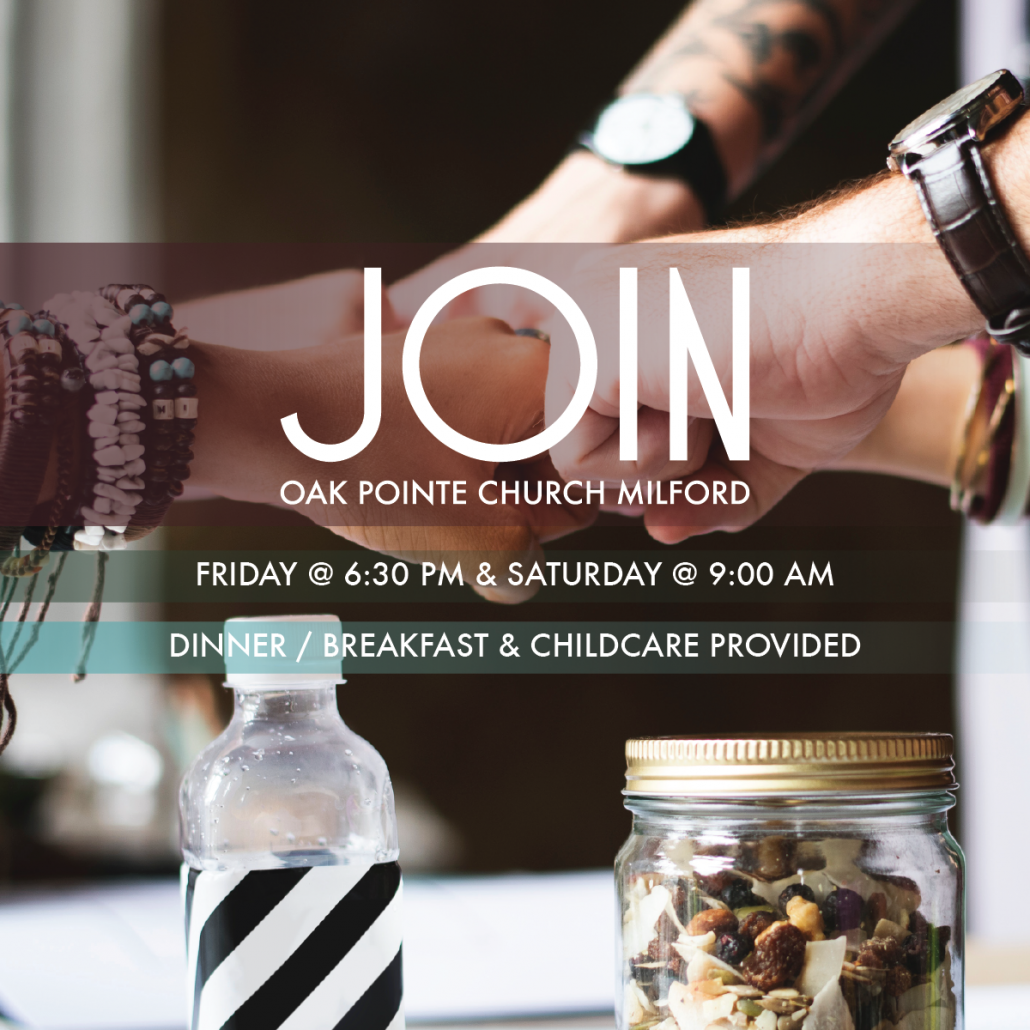People fist bumping with the text, "join OPCM Friday @ 4pm and Saturday @ 9am dinner/breakfast and childcare provided."