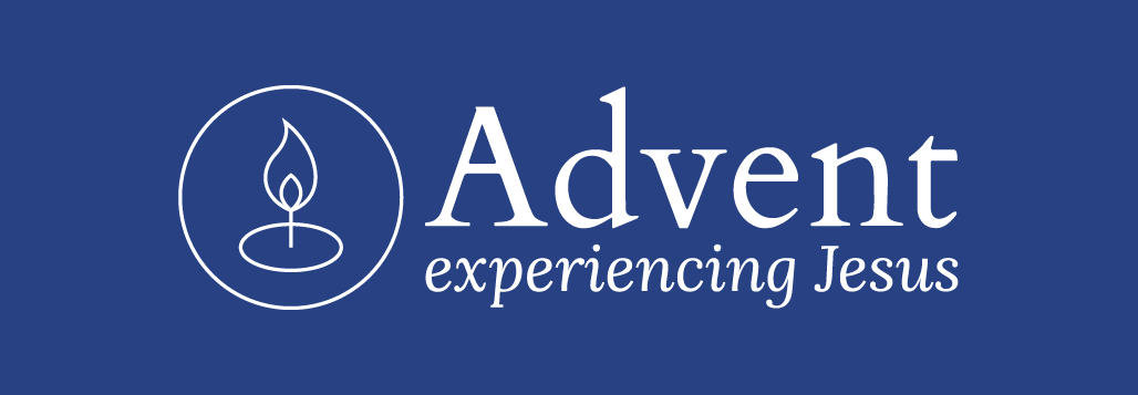 Advent devo image, blue background with candle outline, experiencing Jesus