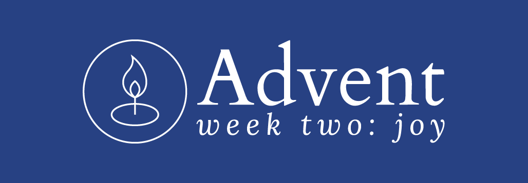 Advent devo image, blue background with candle outline, week two: joy