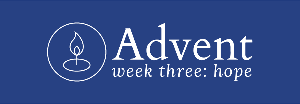 Advent devo image, blue background with candle outline, week three: hope